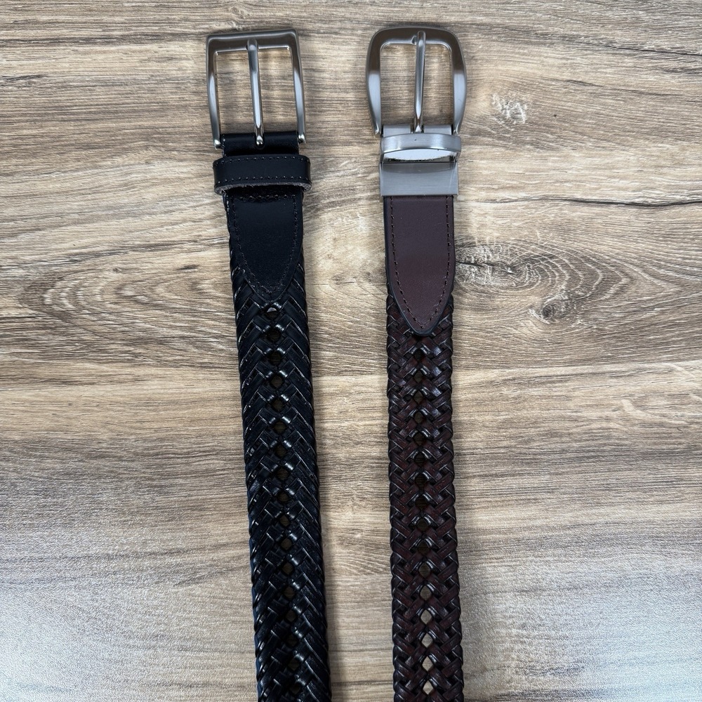 Men's Genuine Leather Bundle Of 2 Belts Size 42-44 Silver Hardware